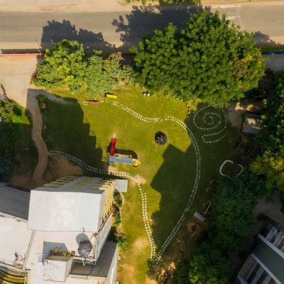 Aerial View of School Campus Playground Lawn and Pathways